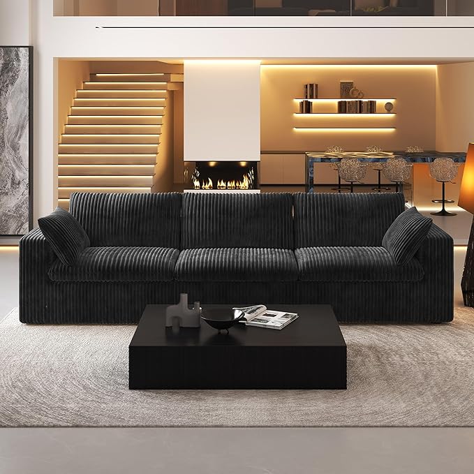 118" 3-Seater Cloud Sofa,Modular Sectional Couch,Modern Deep Seat Upholstered Couches with Plush Corduroy Fabric for Living Room Furniture,Bedroom and Apartment,No Assembly Required,Black-HomvellaHome