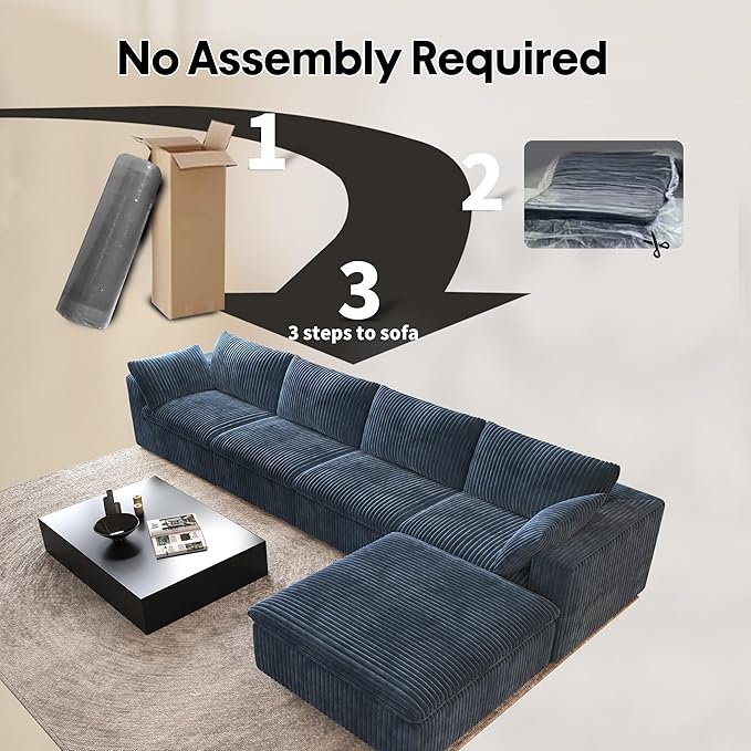 157.5" L Shaped Modern Sofa Modular Sectional Cloud Couch with Ottoman,Deep Seat Upholstered Couches with Corduroy Fabric for Living Room Furniture,Bedroom and Apartment,No Assembly Required,Blue-HomvellaHome