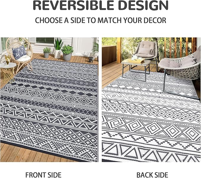 GAOMON Outdoor Rug Waterproof 8'x10', Reversible Outdoor Plastic Straw Rug, Boho Patio Rug, Indoor Outdoor Carpet, RV Mat Outside for Patio, Camp, Picnic, Balcony, Deck, Grey/White(Bohemia)-HomvellaHome