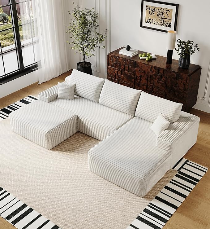 108" Sectional Couches for Living Room Modern Modular Sofa with L-Shape Couchs Upholstered Boneless Couch Deep Seat Sectional Couch with Chaise (White, Right Facing Chaise+2Seaters+1Ottoman)-HomvellaHome