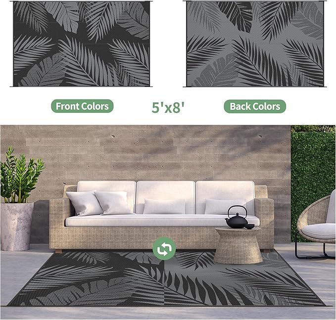 GENIMO Outdoor Rug 5' x 8' Waterproof for Patios Clearance, Reversible Outdoor Plastic Straw Camping Rug Carpet, Large Area Rugs Mats for RV, Picnic, Backyard, Deck, Balcony, Porch, Beach, Black&Grey-HomvellaHome