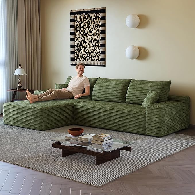 108" Sectional Couches for Living Room Modern Modular Sofa with L-Shape Couchs Upholstered Boneless Couch Deep Seat Sectional Couch with Chaise (Green, Left Facing Chaise+2Seaters)-HomvellaHome