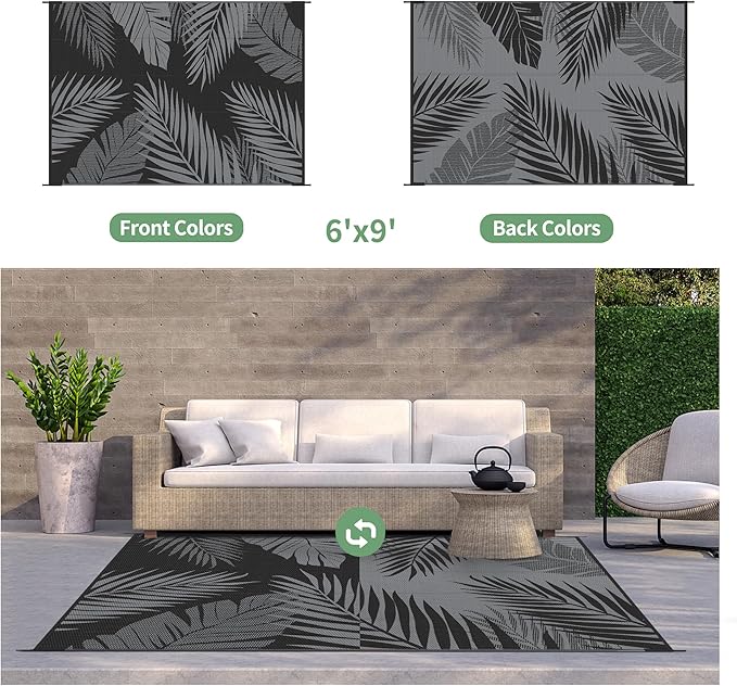 GENIMO Outdoor Rug 6' x 9' Waterproof for Patios Clearance, Reversible Outdoor Plastic Straw Camping Rug Carpet, Large Area Rugs Mats for RV, Camper, Deck, Balcony, Porch, Beach, Picnic, Black&Grey-HomvellaHome