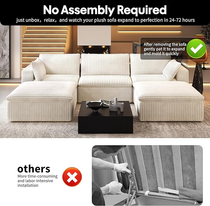 118" U Shaped Modern Sofa Modular Sectional Cloud Couch with 2 Ottoman,Upholstered Couches with Corduroy Fabric for Living Room Furniture,Bedroom and Apartment,No Assembly Required,White-HomvellaHome