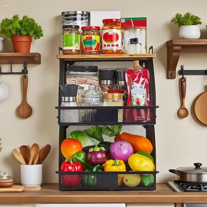 1 SET Large fruit basket for kitchen counter-stackable basket with Bamboo Tops & Tag,hanging wall baske,for Cabinet Shelf Countertop pantry storaget, onion potato Vegs Bread Food Organizing Bin,BLACK-HomvellaHome