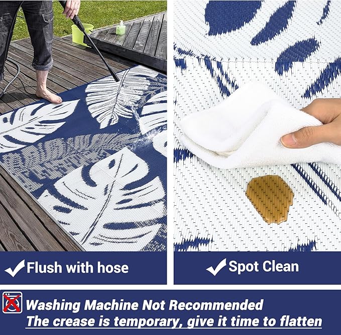 GAOMON Waterproof Plastic Straw Rug 9x12 Outdoor Patio Rugs, Reversible Modern Camping Mat with Bag & Stakes, UV Resistant & Easy to Clean Outdoor Carpet for RV, Deck, Balcony, Blue-HomvellaHome