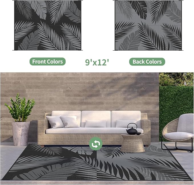 GENIMO Outdoor Rug 9' x 12' Waterproof for Patios Clearance, Reversible Outdoor Plastic Straw Camping Rug Carpet, Large Area Rugs Mats for RV, Camper, Deck, Balcony, Porch, Beach, Picnic, Black&Grey-HomvellaHome