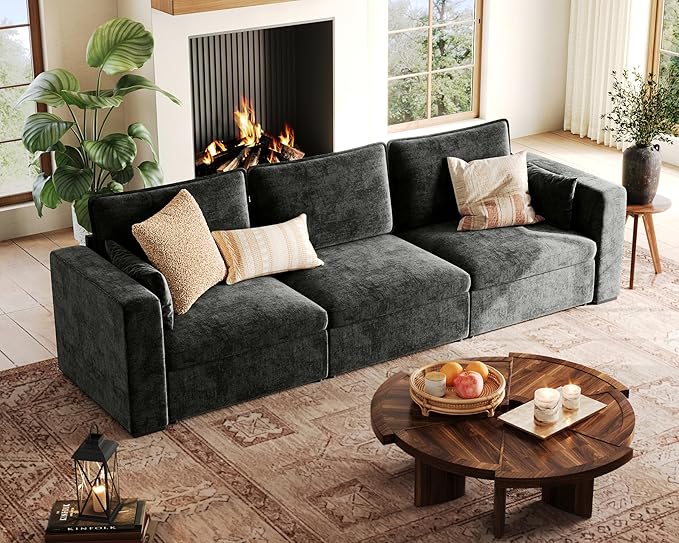 124.8'' Oversized Modular Sofa Comfy Cloud Couch with Storage, Extra Wide Sectional Sofa for Living Room, Covers Washable, 3-Seater, Chenille, Black-HomvellaHome