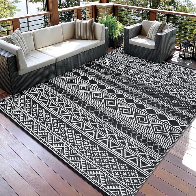 GAOMON Outdoor Plastic Straw Rug, 10'x20' Reversible Sage Green Patio Mat, Flower Modern Design for RV, Backyard, Deck, Camping, Picnic, Black/White(Bohemia)-HomvellaHome