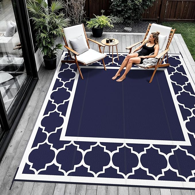 GENIMO 10 ' x 10 ' Outdoor Rug Waterproof for Patio Decor, Foldable Reversible Plastic Straw Area Rugs Mat for Camper, Outside Carpet for Rv, Deck, Porch, Picnic, Beach, Balcony, Blue & White-HomvellaHome