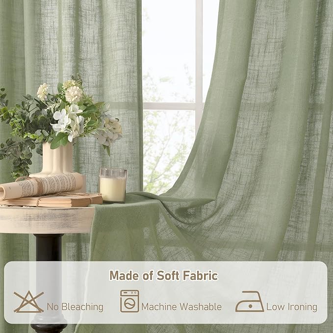 LAMIT Linen Curtians for Living Room 80 Inch Length, Bronze Grommet Light Filtering Semi Sheer Neutral Lightweight Rustic Farmhouse Boho Drapes for Bedroom, 2 Panels, Sage Green, 34 x 80 Inch-HomvellaHome