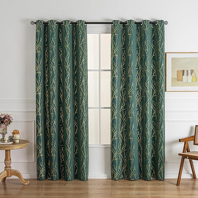 Grommets Blackout Long Window Curtains Green Gold-52W*95L 2PCS Drapes for Bedroom-HomvellaHome