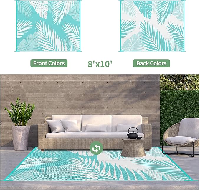 GENIMO Outdoor Rug 8' x 10' Waterproof for Patios Clearance, Reversible Outdoor Plastic Straw Camping Rug Carpet, Large Area Rugs Mats for RV, Camper, Deck, Balcony, Porch, Beach, Aqua Blue&White-HomvellaHome