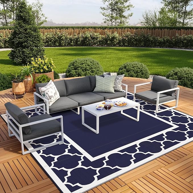 GENIMO 10 ' x 10 ' Outdoor Rug Waterproof for Patio Decor, Foldable Reversible Plastic Straw Area Rugs Mat for Camper, Outside Carpet for Rv, Deck, Porch, Picnic, Beach, Balcony, Blue & White-HomvellaHome