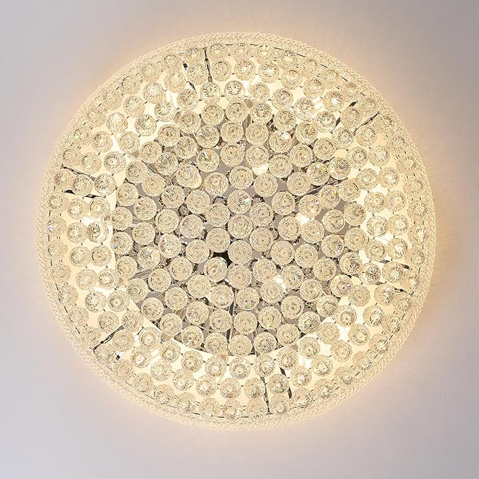 18-Light 32 inch Large Crystal Chandelier Flush Mount Ceiling Light Fixture for Living Room Dining Room Bedroom Foyer Entryway Chrome Finish-HomvellaHome
