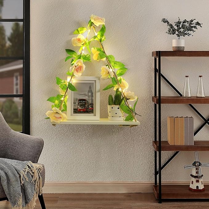 Floating Shelves for Wall,Plant Wall Decor,Hanging Shelf,Cottage Core Decor,Room Decor Aesthetic,Boho Room,Adhesive Shelves,Floating Shelves for No Drilling,Two-Piece Set(Champagne Flower)-HomvellaHome