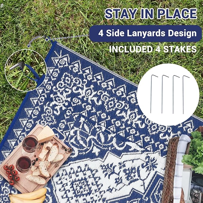 GAOMON Patio Rugs Outdoor 8x10 Waterproof Reversible Plastic Straw Rug, Large UV-Resistant Portable RV Camping Mats, Indoor Outdoor Medallion Carpet for Deck Porch Garden, Dark Blue & White-HomvellaHome