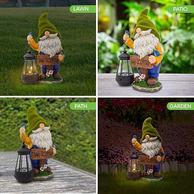 Garden Gnomes Outdoor - Flocked Gnome Statue Holding Lantern with Solar LED Lights | Gnomes Garden Decorations for Patio, Yard, Lawn Ornaments - Gnome Gifts-HomvellaHome