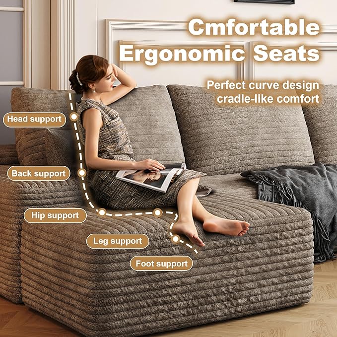 108" Sectional Couches for Living Room Modern Modular Sofa with L-Shape Couchs Upholstered Boneless Couch Deep Seat Sectional Couch with Chaise (Camel, Right Facing Chaise+2Seaters+1Ottoman)-HomvellaHome