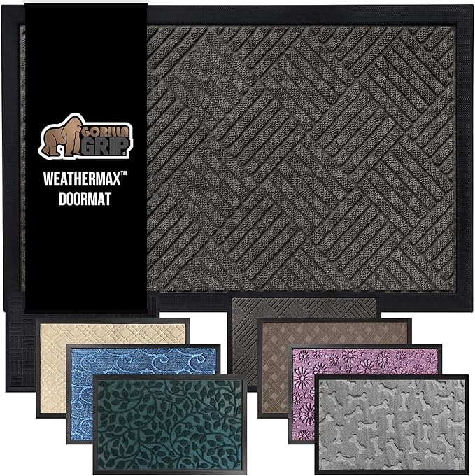 GORILLA GRIP 100% Waterproof All-Season WeatherMax Doormat, 34x58, US Designed Natural Rubber, Stain and Fade Resistant, Low Profile Indoor Outdoor Door Mats, Easy Clean Patio Mat, Gray Diamond-HomvellaHome