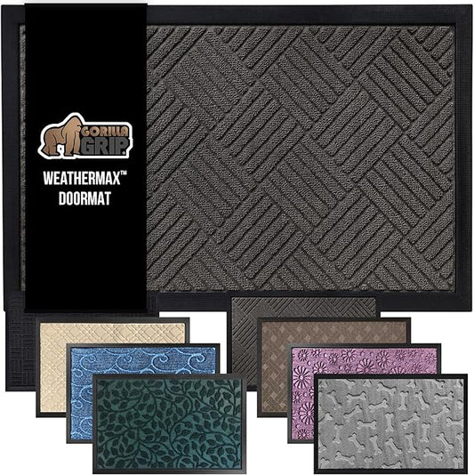 GORILLA GRIP 100% Waterproof All-Season WeatherMax Doormat, 34x58, US Designed Natural Rubber, Stain and Fade Resistant, Low Profile Indoor Outdoor Door Mats, Easy Clean Patio Mat, Gray Diamond-HomvellaHome