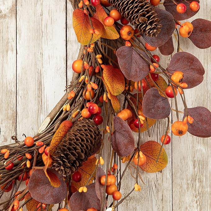 Glitzhome 22" D Fall Eucalyptus Berry Wreath, Artificial Wreaths Rustic Hanging Ornaments for Fall Front Door Wall Decor-HomvellaHome