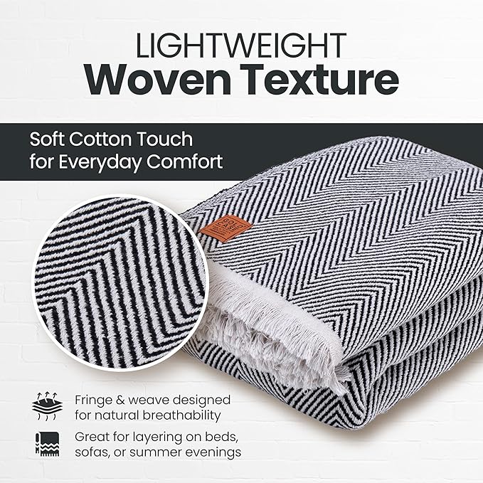 Gold Case Throw Blanket for Bed – 100% Recycled Turkish Cotton Bed Blanket – Decorative Throw Cotton Blankets for Living Room & Bedroom – Woven Twin Blankets - 71x90 - Black-HomvellaHome