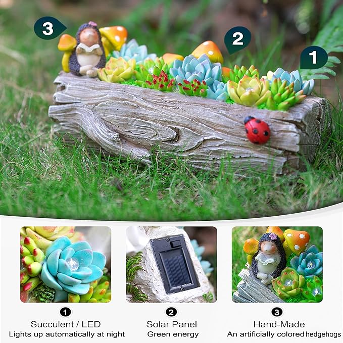 Garden Solar Figurine Light - Stump Succulent Solar Light Outdoor, Solar Powered Lighting Outside Decorations Yard Art Lawn Ornaments for Porch Patio Balcony - Succulent Gifts for Women Mom-HomvellaHome