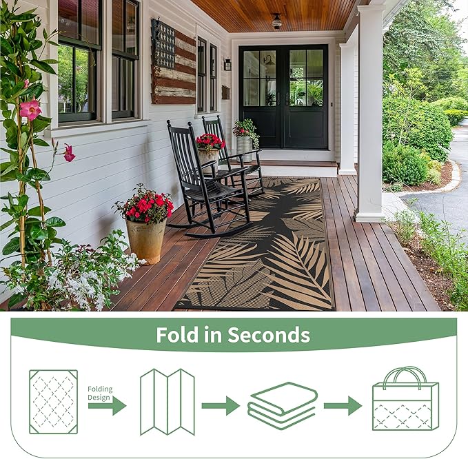 GENIMO Outdoor Rug 2.5' x 8' Waterproof for Patios Clearance, Reversible Outdoor Plastic Straw Camping Rug Carpet, Large Area Rugs Mats for RV, Camper, Deck, Balcony, Porch, Beach, Picnic, Black&Brown-HomvellaHome