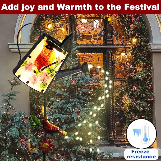 Garden Solar Lights Outdoor, Metal Watering Can Garden Stake Lights Cardinal Bird Decor Glass Art for Walkway, Pathway, Yard, Lawn-HomvellaHome