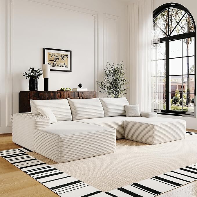 108" Sectional Couches for Living Room Modern Modular Sofa with L-Shape Couchs Upholstered Boneless Couch Deep Seat Sectional Couch with Chaise (White, Left Facing Chaise+2Seaters+1Ottoman)-HomvellaHome