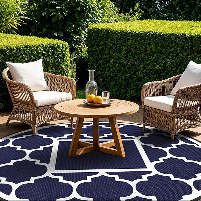 GENIMO 10 ' Round Outdoor Rug for Patio, Waterproof Indoor Outdoor Plastic Straw Rugs Carpet, Reversible Outside Area Mat for Camping, Balcony Porch, Deck, Picnic, Blue White-HomvellaHome