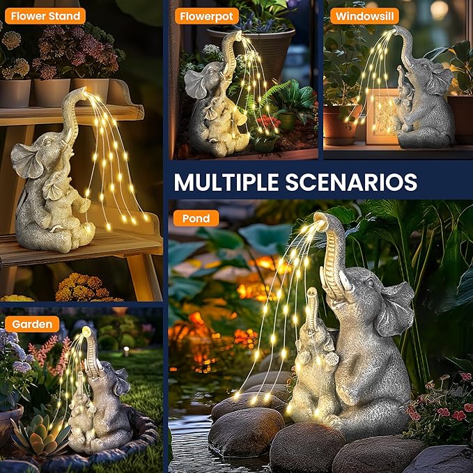 GIGALUMI Solar Garden Outdoor Statues for Women, Mom, Grandma. Elephant Figurine Housewarming and Birthday Gifts Outdoor Statue Light Decor Ornament for Backyard, Patio, Balcony, Lawn, Pond-HomvellaHome