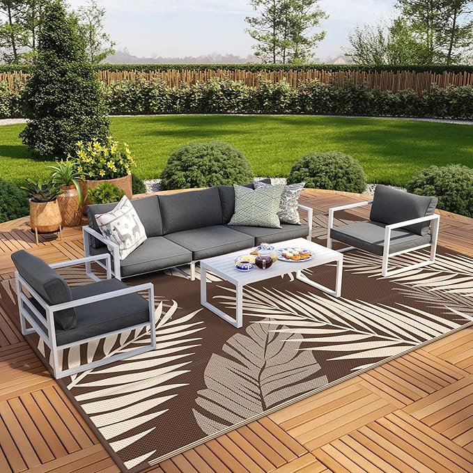 GENIMO Outdoor Rug 10' x 14' Waterproof for Patios Clearance, Reversible Outdoor Plastic Straw Camping Rug Carpet, Large Area Rugs Mats for RV, Camper, Deck, Balcony, Porch, Beach, Coffee&Beige-HomvellaHome