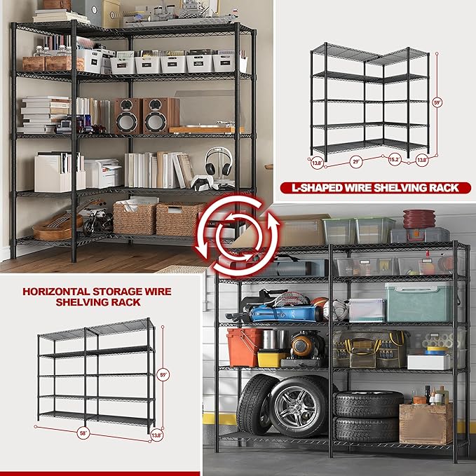 REIBII 5 Tier Wire Shelving Storage Shelves Loads 1430LBS, 58" W Metal Shelving for Storage Adjustable Shelving Unit Heavy Duty Garage Shelves Pantry Shelves Kitchen, Black-HomvellaHome
