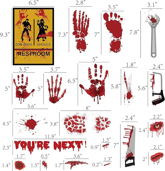 173PCS Halloween Bloody Footprints Floor Clings Plus Tattoos - Hallowmas Handprint Zombie Restroom Sign Decals Party Decorations-HomvellaHome