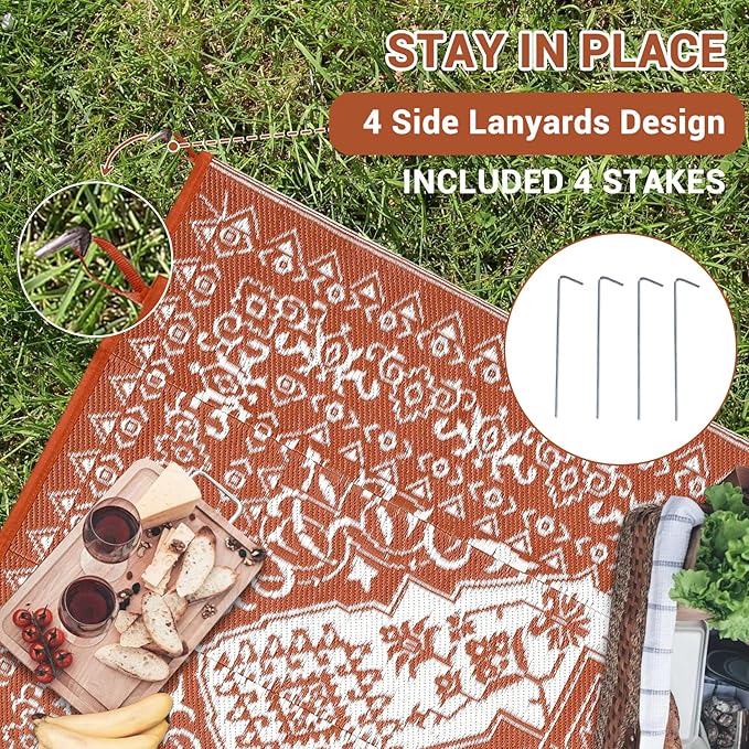 GAOMON Outdoor Rugs for Patio 8x10 Waterproof Reversible Plastic Straw Rug, Large UV-Resistant Portable RV Camping Mats, Indoor Outdoor Medallion Carpet for Outside Deck Porch Garden, Red & White-HomvellaHome