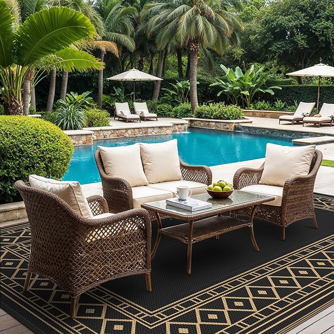 GENIMO Outdoor Rug Waterproof 9'x12' for Patio, Foldable Reversible Plastic Straw Carpet for Travel Trailers, Outside Area Mat for Rv, Deck, Picnic, Porch, Camper, Balcony, Beach, Black & Brown-HomvellaHome