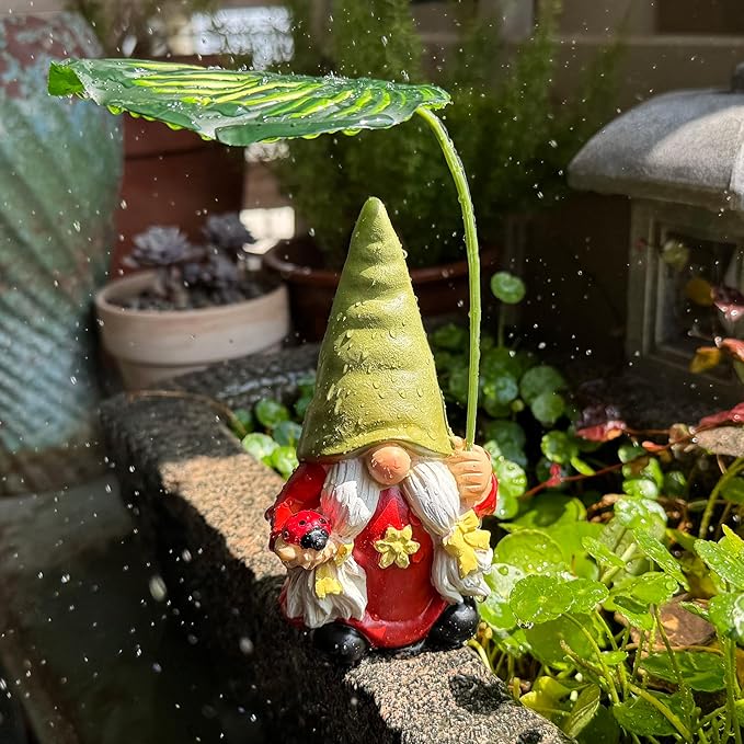 Garden Female Gnome Statue Decoration with Leaf Umbrella, 6.5” Figurine Ornament for Indoor Outdoor Home Patio Yard Lawn, for Gnome Lovers & Garden Enthusiasts，Mom，Women-HomvellaHome