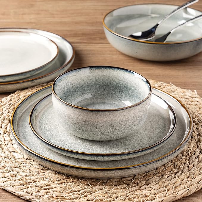 GBHOME Ceramic Dinnerware Sets for 4, 12 Pieces Stoneware Plates and Bowls Sets, Reactive Glaze Dishes -Scratch Resistant, Dishwasher&Microwave Safe, Green Wheat-HomvellaHome