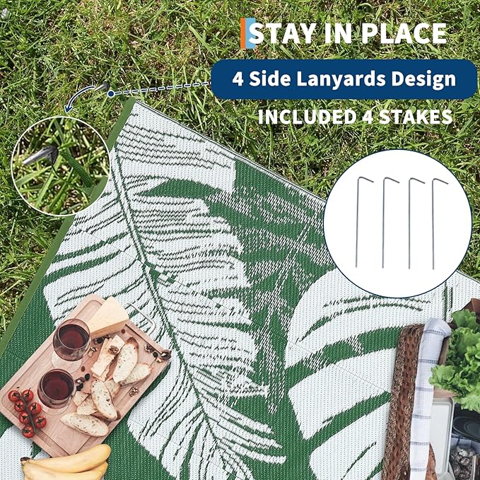 GAOMON Outdoor Rugs 9x18 Waterproof Patio Rug Outdoor Plastic Straw Rug Reversible Camping Mat, Portable RV Picnic Carpet with Bag & 4 Stakes, UV Resistant Outside Carpet for Deck Balcony, Green-HomvellaHome