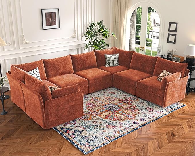 136.4" Oversized Modular Sectional Sofa, U Shaped Convertible Couch with Movable Ottoman, Large 7 Seat Corner Couches for Living Room Deep Seat Terracotta Orange Chenille-HomvellaHome