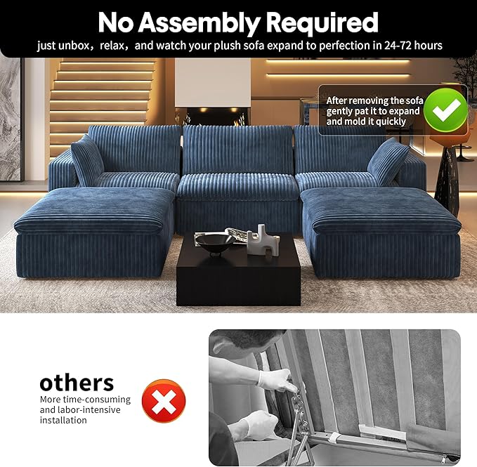 118" U Shaped Modern Sofa Modular Sectional Cloud Couch with 2 Ottoman,Upholstered Couches with Plush Corduroy Fabric for Living Room Furniture,Bedroom and Apartment,No Assembly Required,Blue-HomvellaHome