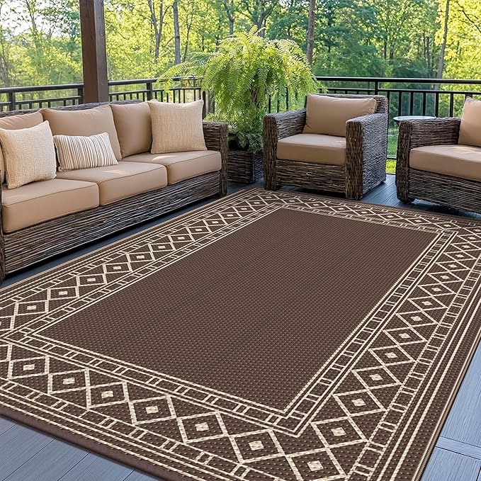 GENIMO Outdoor Rug Waterproof for Patio Decor, 3'x5' Foldable Reversible Plastic Straw Carpet for Porch, Outside Area Mat for Entryway, Rv, Deck, Picnic, Camper, Balcony, Beach, Coffee & Beige-HomvellaHome