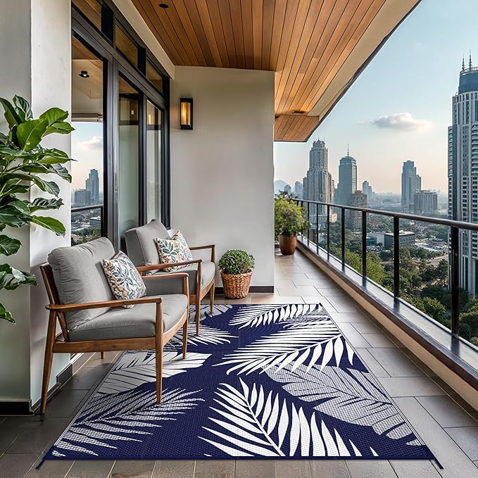 GENIMO Outdoor Rug 9' x 12' Waterproof for Patios Clearance, Reversible Outdoor Plastic Straw Camping Rug Carpet, Large Area Rugs Mats for RV, Camper, Deck, Balcony, Porch, Beach, Navy Blue&White-HomvellaHome