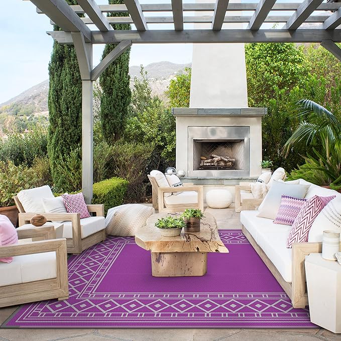 GENIMO Outdoor Rug Waterproof 6'x9' for Patio, Foldable Reversible Plastic Straw Carpet for Travel Trailers, Outside Area Mat for Rv, Deck, Picnic, Porch, Camper, Balcony, Beach, Purple & Grey-HomvellaHome