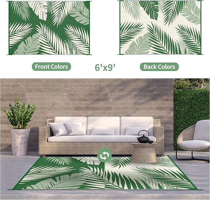 GENIMO Outdoor Rug 6' x 9' Waterproof for Patios Clearance, Reversible Outdoor Plastic Straw Camping Rug Carpet, Large Area Rugs Mats for RV, Picnic, Backyard, Deck, Balcony, Porch, Dark Green&White-HomvellaHome