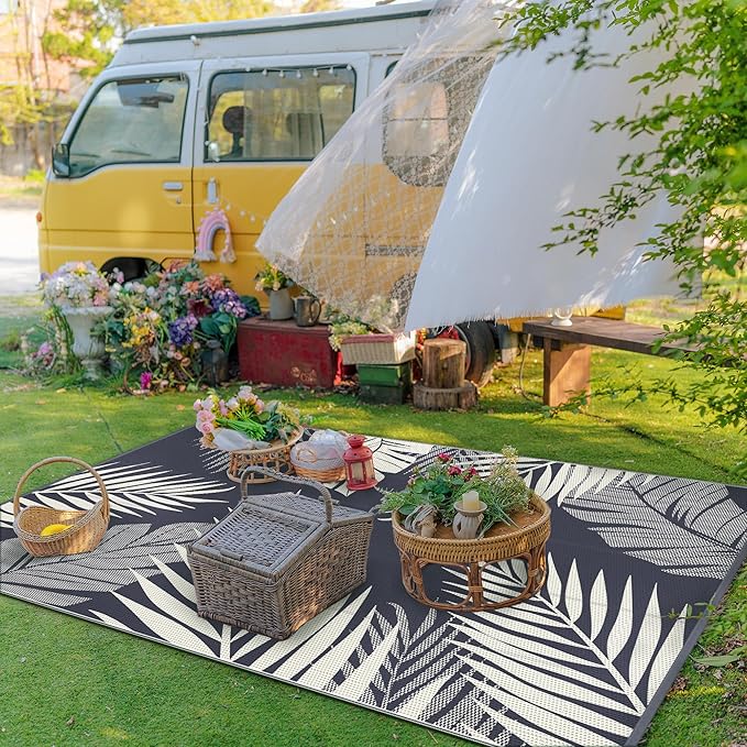 GENIMO Outdoor Rug 6' x 9' Waterproof for Patios Clearance, Reversible Plastic Straw Camping Carpet, Large Area Rugs Mats for RV, Picnic, Backyard, Deck, Balcony, Porch, Beach, Yellow&Grey-HomvellaHome