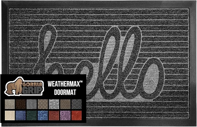 GORILLA GRIP 100% Waterproof All-Season WeatherMax Doormat, US Designed Natural Rubber, Stain and Fade Resistant, Low Profile Indoor Outdoor Door Mats, Easy Clean Patio Mat, 17x29, Charcoal Hello-HomvellaHome