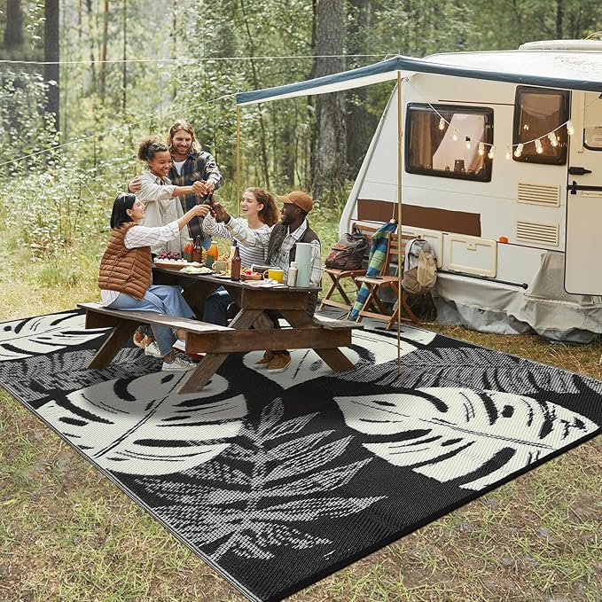 GAOMON Waterproof 8x10 Outdoor Rug Reversible Plastic Straw Rug Modern Patio Carpet, Foldable Lightweight RV Camping Mat with Portable Bag & 4 Stakes, UV Resistant & Sturdy for Picnic, Beige-HomvellaHome